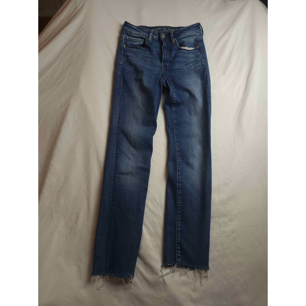 American Eagle Jeans Womens 2 Long Blue Denim Super Stretch Raw Hem Streetwear